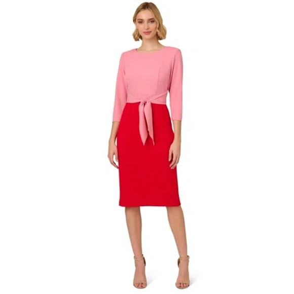 NWT Adrianna Papell Colorblock Tie Front Midi Dress Pink & Red Womens Size 6 - Picture 1 of 16